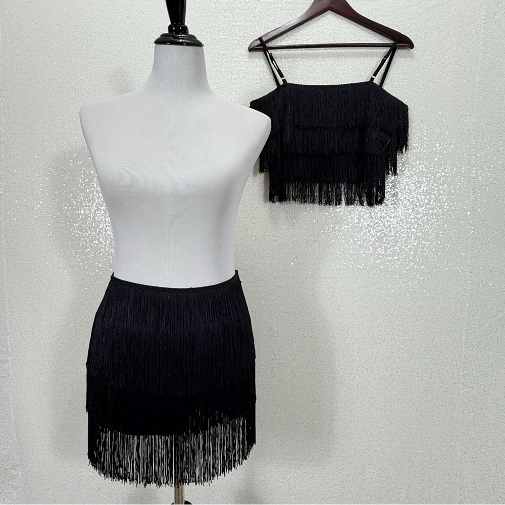 AKIRA Black Fringe Skirt Set Crop Top Tassel Fringe Dance Party Festival Outfit